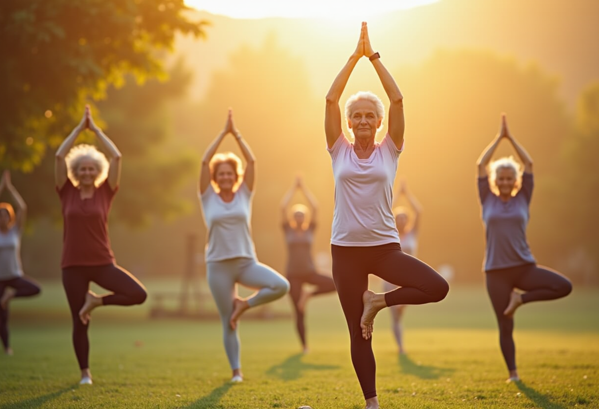 Група людей зрілого віку займається йогою